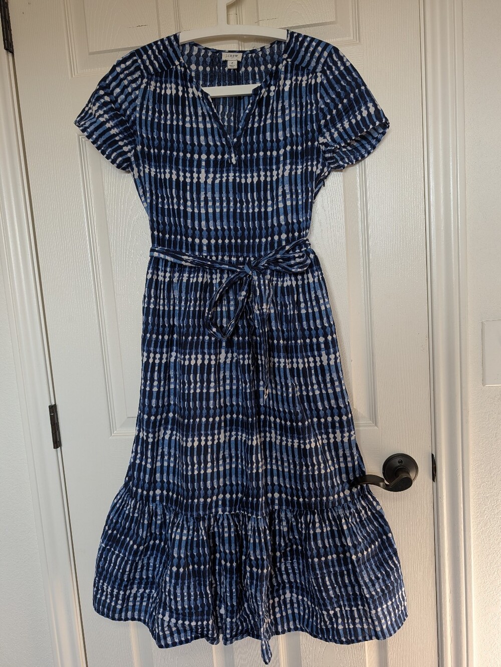 J Crew Factory Tie Dye Blue White Tiered Maxi Dress 100% Cotton Pocket Belted 2